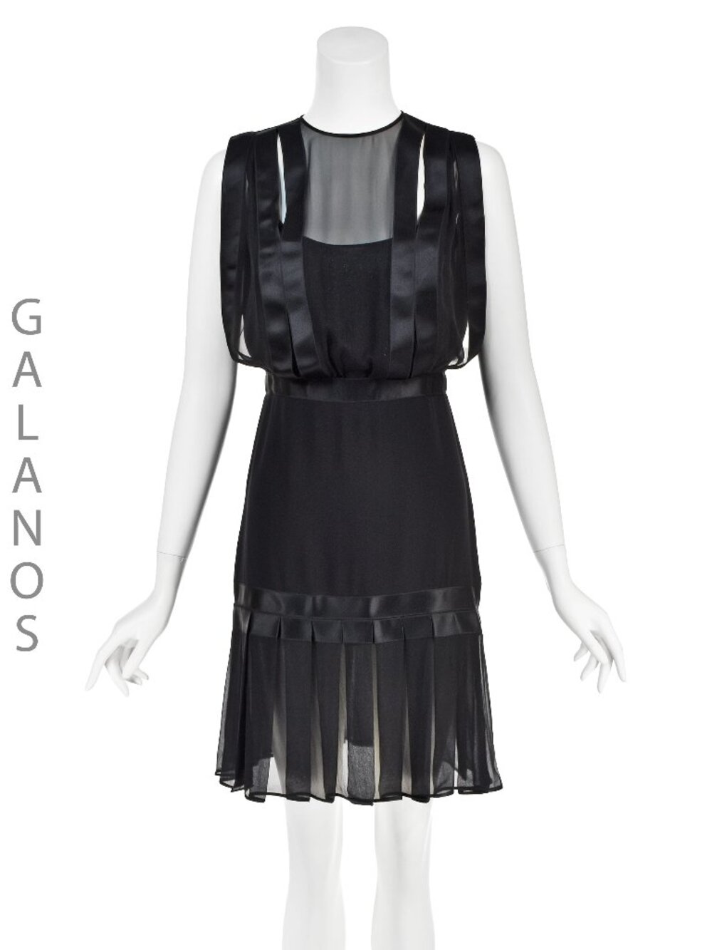 JAMES GALANOS Vintage Black Silk Chiffon Caged Bodice Pleated Cocktail Dress LBD